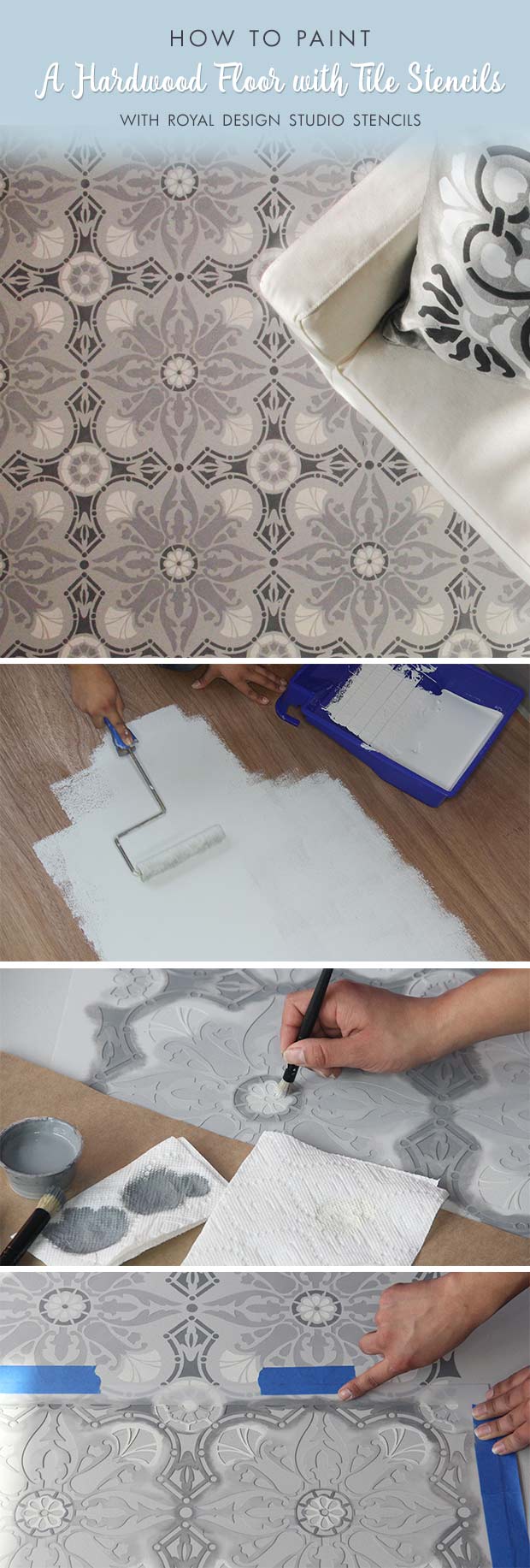 DIY Tutorial: How to Paint a Hardwood Floor with Tile Stencils from Royal Design Studio