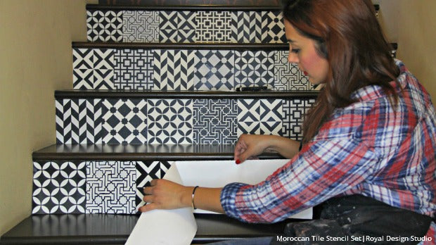 DIY Tutorial with VIDEO: Painting and Stenciling Stair Risers with Pattern the Easy Way with Paint, Peel, and Stick Canvas from Royal Design Studio