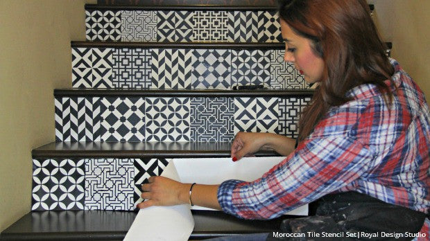 Simple to Sensational: 12 Stencil Ideas for Your Stairs - Painted Stair Risers using Moroccan, Floor, & Tile Stencils from Royal Design Studio