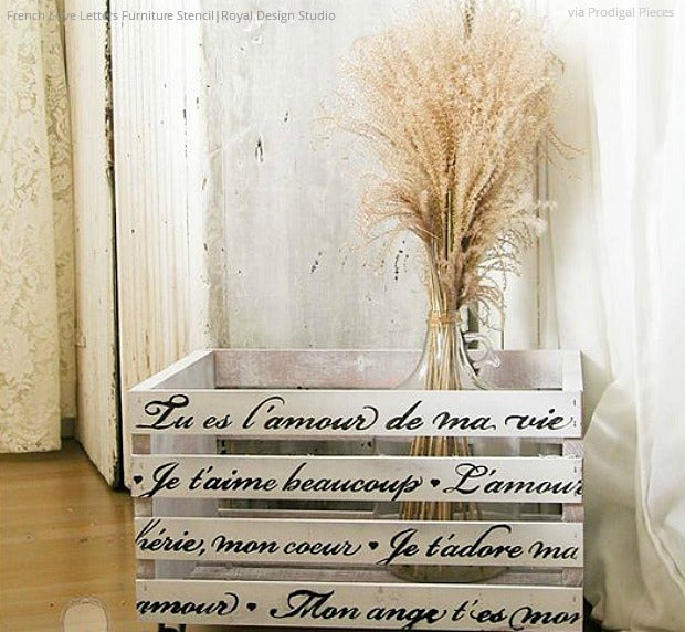 Stencil Your Way to Lovely French Furniture - 13 Decorating Ideas using the French Love Letters Furniture Stencils from Royal Design Studio