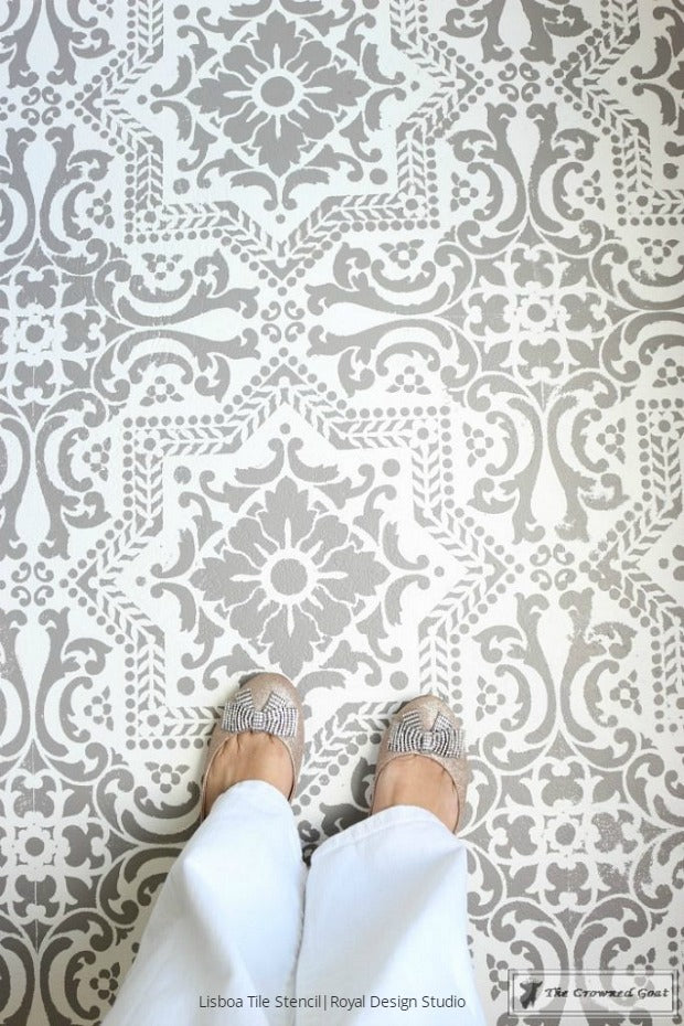 How to Prep and Paint a Concrete Floor with DIY Tile Stencils - Royal Design Studio Stencils Painted in Bedroom Makeover by The Crowned Goat