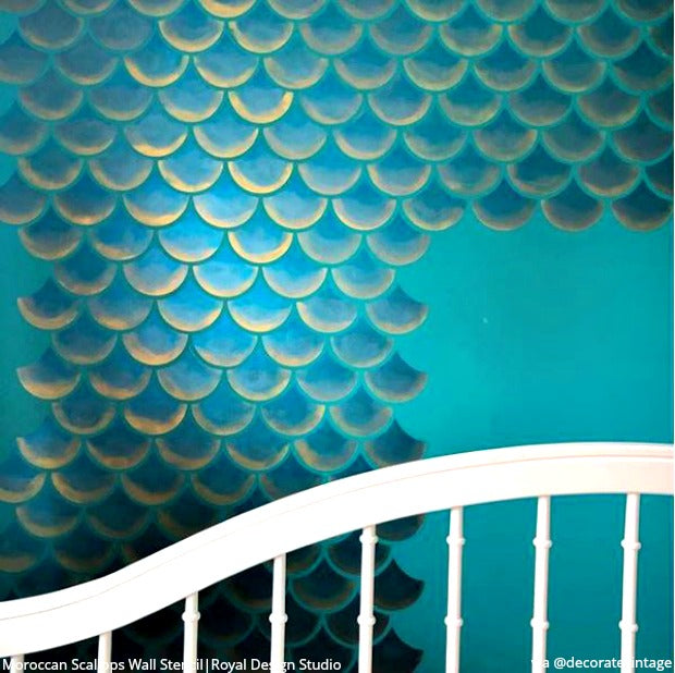 The #1 Thing You Need for a Mermaid Bedroom Wall Mural - DIY Home Decor Ideas - Fish Scale Tail Wallpaper Wall Stencils from Royal Design Studio Stencils
