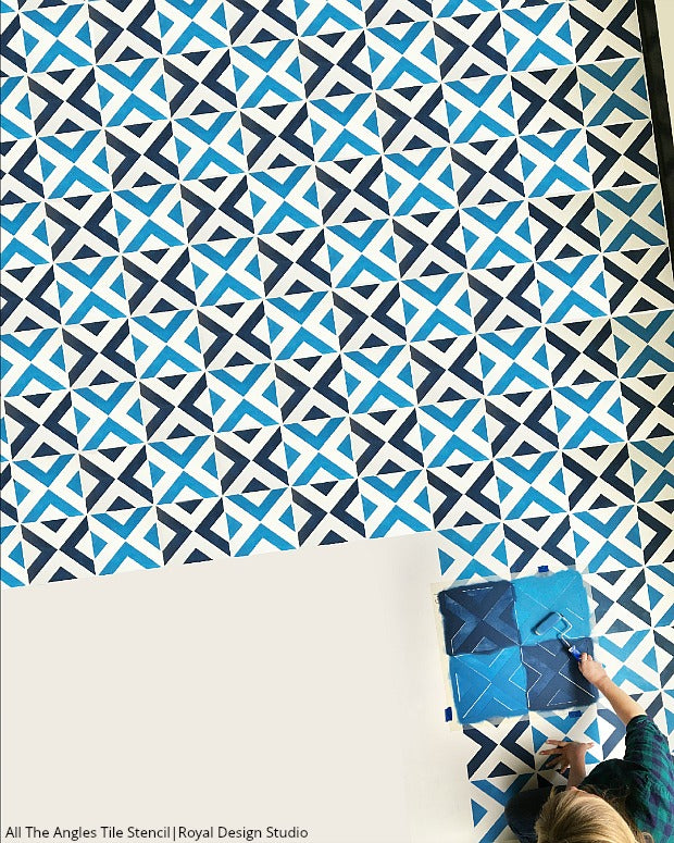 How to Stencil a Boho Blue Tile Floor - VIDEO TUTORIAL - Easy DIY Project Painting with Tile Stencils, Floor Stencils, Bohemian Stencils from Royal Design Studio