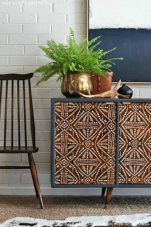 Exposed! Stenciling Reclaimed Wood Finishes with Painted Designs - 11 DIY Decorating Ideas with Royal Design Studio Floor Stencils and Furniture Stencils