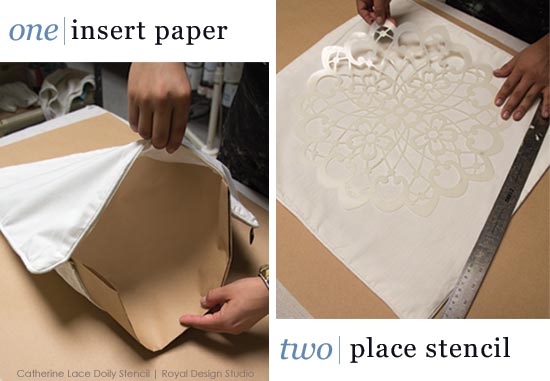 First steps for stenciling a lace doily stencil on a fabric pillow cover