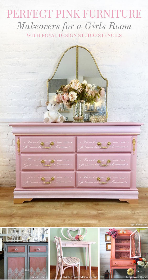 Perfect Pink Furniture Makeovers for a Girls Room - DIY Home Decor Ideas - Furniture Painting Stencils from Royal Design Studio