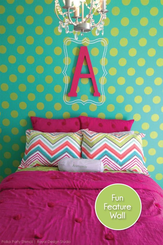 Polk dot pattern stencil in bright colors for a little girl's feature wall | Royal Design Studio Stencils