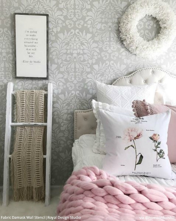 Stencil Your Bedroom Walls with a Classic Damask Wallpaper Look - French Country Farmhouse Style Bedroom Makeover by Home on Fern Hill - Fabric Damask Wall Stencils by Royal Design Studio