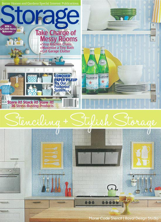 Kitchen wall stenciling in pretty blue and white using the Morse Code stencil from Royal Design Studio stencils.