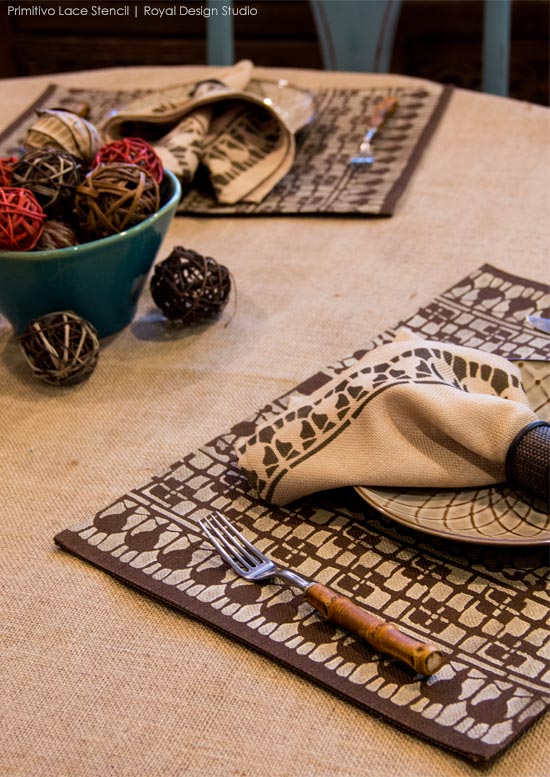 Stenciled burlap napkins for holiday dinner table setting
