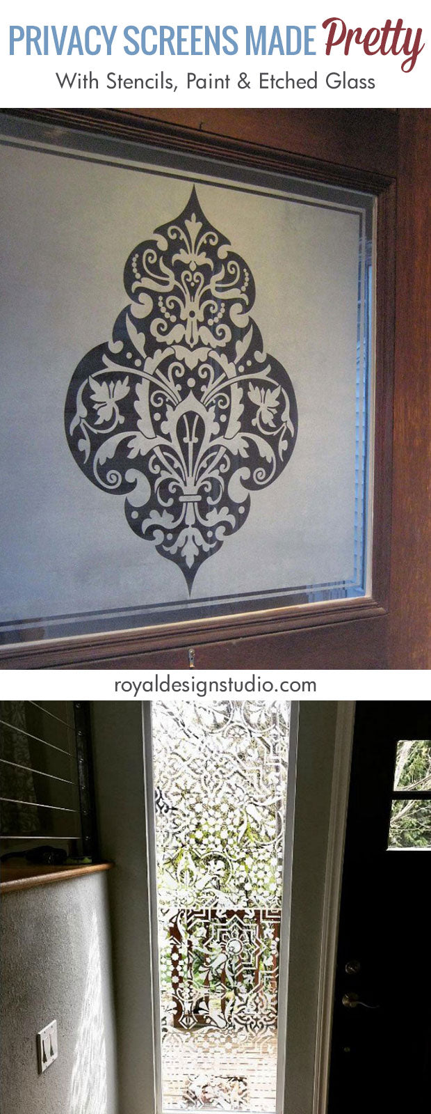 Privacy Screens Made Pretty with Stencils, Paint & Etched Glass - 7 DIY Decor Ideas using Royal Design Studio Glass Stencils