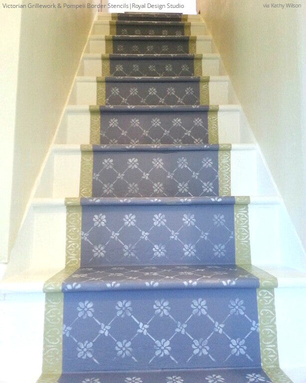 Simple to Sensational: 12 Stencil Ideas for Your Stairs - Painted Stair Risers using Moroccan, Floor, & Tile Stencils from Royal Design Studio