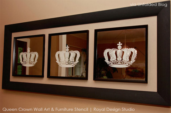 stenciled mirror and glass using Royal Design Studio pattern