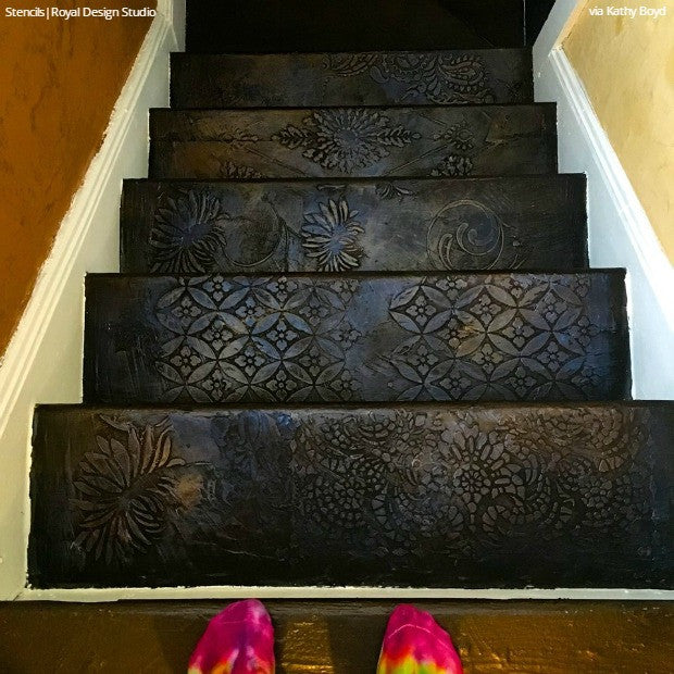 Simple to Sensational: 12 Stencil Ideas for Your Stairs - Painted Stair Risers using Moroccan, Floor, & Tile Stencils from Royal Design Studio