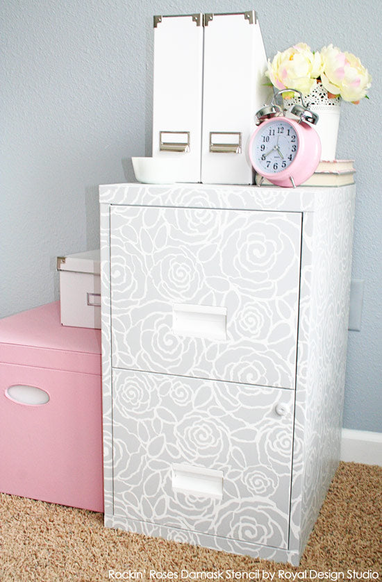 Stenciled File Cabinet with Rockin' Roses Damask by Royal Design Studio | Project by Chelsea of the Two Twenty One Blog