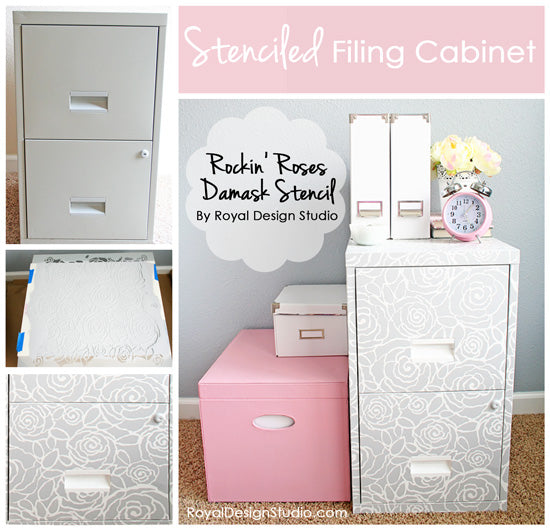 Stenciled File Cabinet by Chelsea of the Two Twenty One blog with the Rockin' Roses Damask Stencil by Royal Design Studio