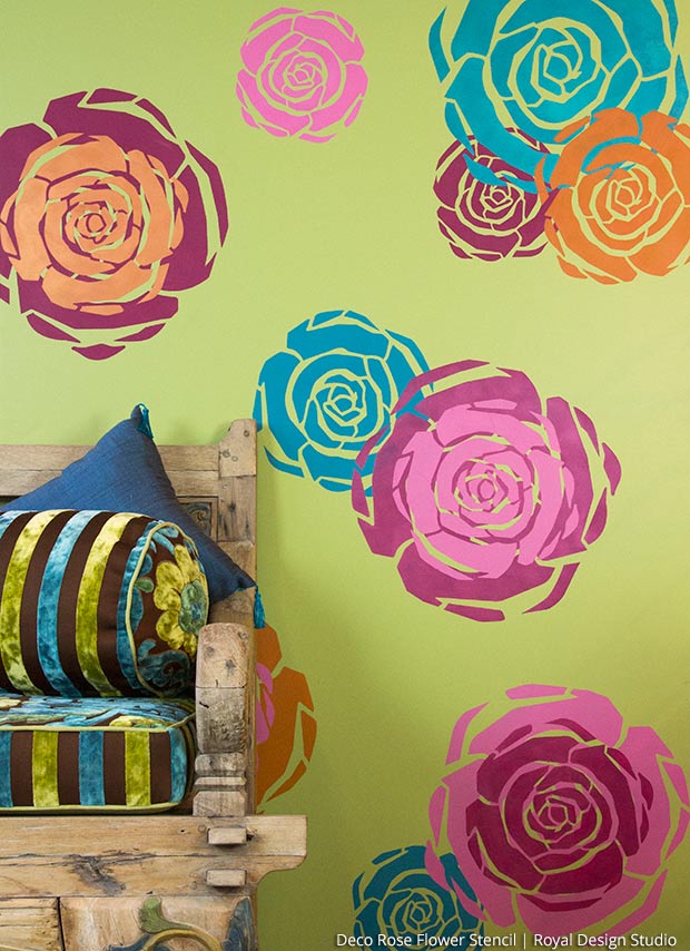 Stenciled Flower Power! Layer Rose Stencils for a Colorful Wall Art - Royal Design Studio Modern Art Deco Flower Stencils