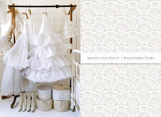 White on white decorating with the Spanish Lace stencil from Royal Design Studio
