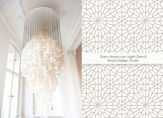 White on white decorating with the Starry Night Moroccan stencil from Royal Design Studio