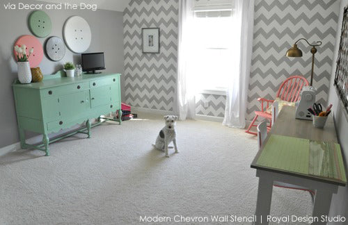 Stenciled Chevron Stripes in Gray and White for a creative craft room space.