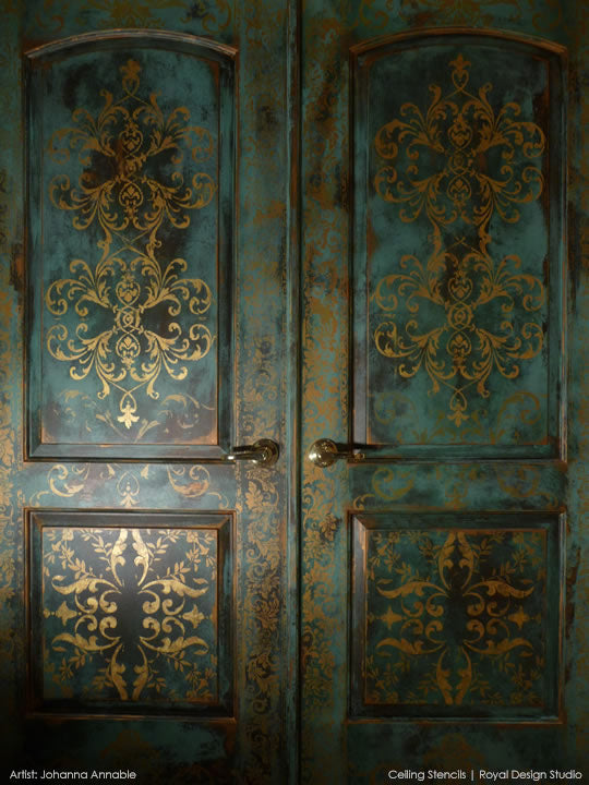 Beautifully stenciled, gilded, and patinated door by Johanna Annable using stencils from Royal Design Studio