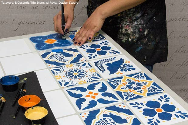 How to Stencil Video Tutorial - Decorating and Upcycling a Mexican Talavera & Ceramic Tile Table with Chalk Paint and Tile Stencils