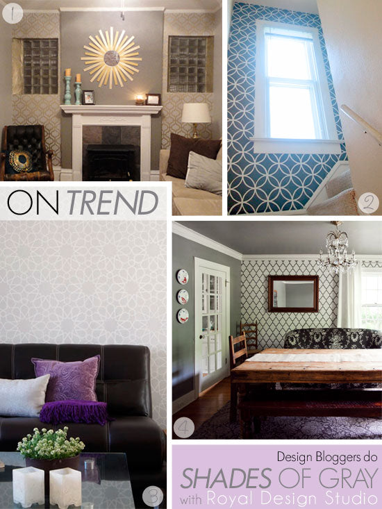 Wall stencils in allover patterns including modern and Moroccan styles dress up walls in shades of gray