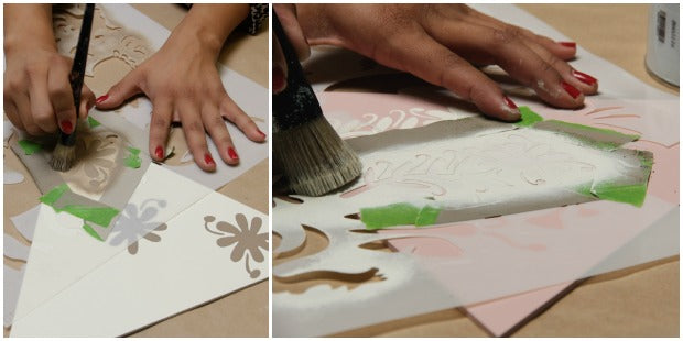 DIY Nursery Wall Decor: Adorable Otomi Stenciled Wood Shapes - Learn how to create DIY sweet nursery wall in Neopolitan ice cream shades using Chalk Paint® by Annie Sloan, Otomi Stencils, and Triangle Wall Art Wood Shapes from Royal Design Studio.