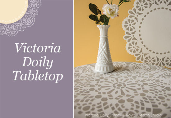 Large Victoria Doily Stencil pattern stenciled on a tabletop | Royal Design Studio