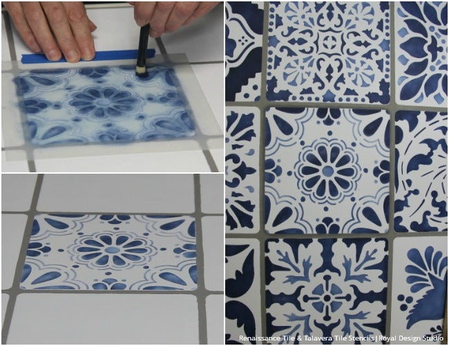 How to Stencil DIY Tutorial: Indigo Blue Vintage Tile Table Top with Chalk Paint and Craqueleur