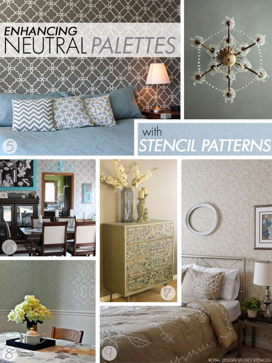 Moroccan and modern allover wall stencils create fabulous feature walls in neutral shades of gray