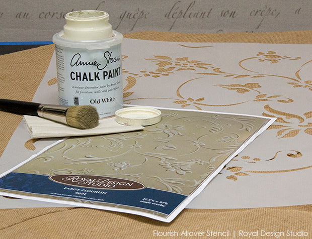 How to Paint & Stencil Burlap Tablecloths - Romantic Floral or Exotic Paisleys Patterns? Royal Design Studio Fabric Stencils