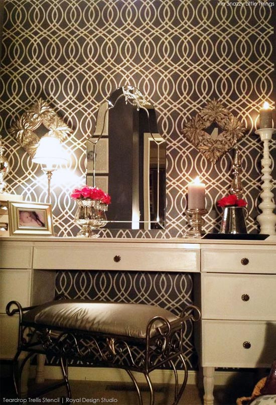 Stenciled Vanity with Teardrop Trellis Stencil from Royal Design Studio