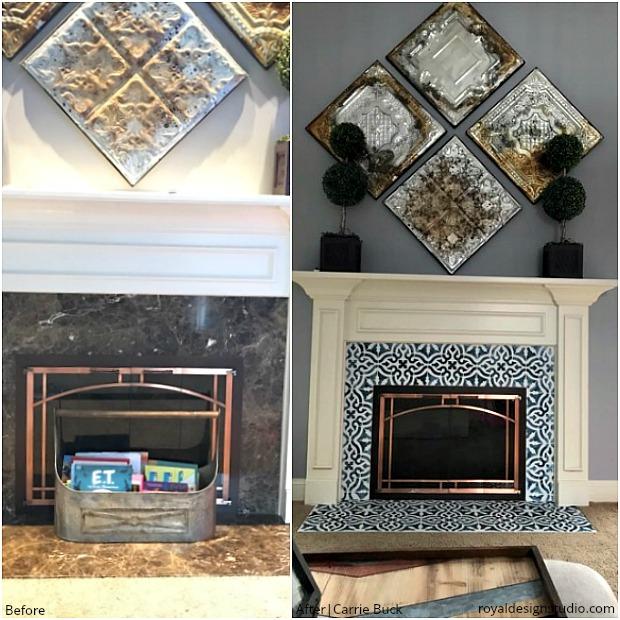 Sizzling Stencil Style: Paint Your Fireplace Tiles - 14 DIY Decorating & Renovation Ideas with Tile Pattern Stencils for Painting - Royal Design Studio