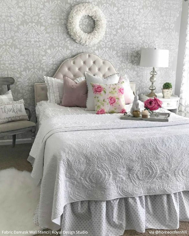 Stencil Your Bedroom Walls with a Classic Damask Wallpaper Look - French Country Farmhouse Style Bedroom Makeover by Home on Fern Hill - Fabric Damask Wall Stencils by Royal Design Studio