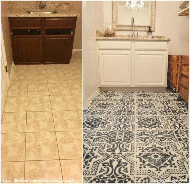 Floor Stencils Decorate a Vintage Farmhouse - DIY Decorating and Painting Ideas for Floor Tiles and Outdoor Rugs - Royal Design Studio Stencils
