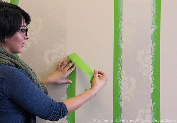 How to Stencil Inverted Designs on a Tone on Tone Striped Wall - Royal Design Studio Wall Stencils Tutorial
