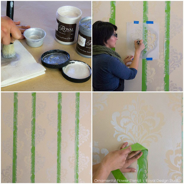 How to Stencil Inverted Designs on a Tone on Tone Striped Wall - Royal Design Studio Wall Stencils Tutorial