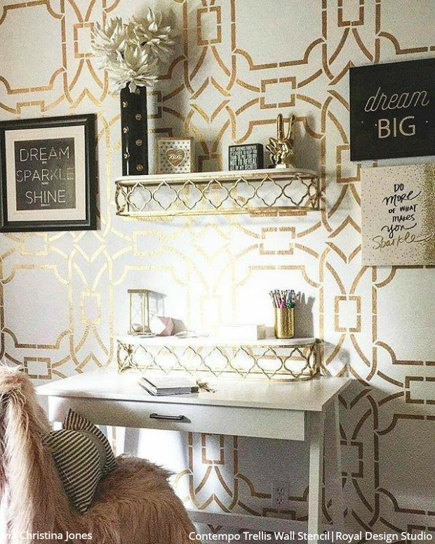 Pretty & Productive: Go-Getter Home Office Makeovers with Wall Stencils from Royal Design Studio