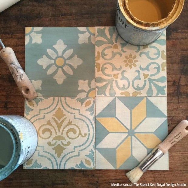 Mediterranean Tile Stencil Set European Tiles Design for Painting Floor or Wall Set of 4 Tile Stencils