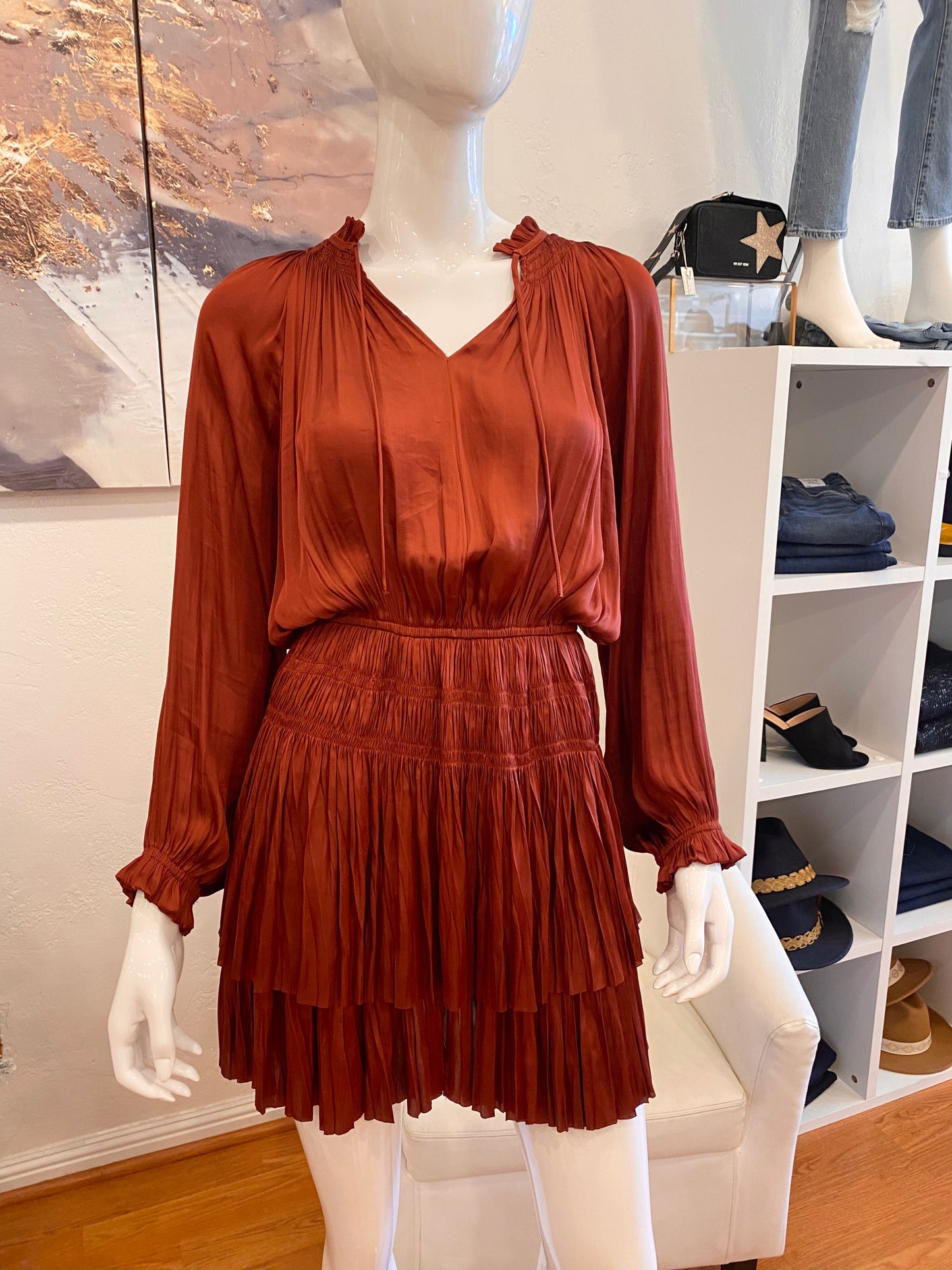 Satin Long Sleeve Dress - Rust