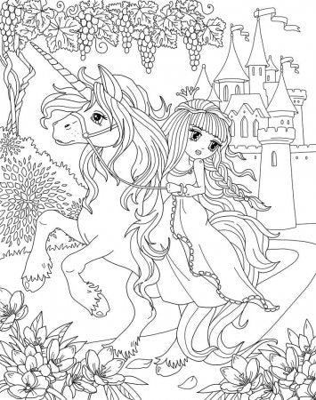 coloriage d une licorne et une princesse dans la foret