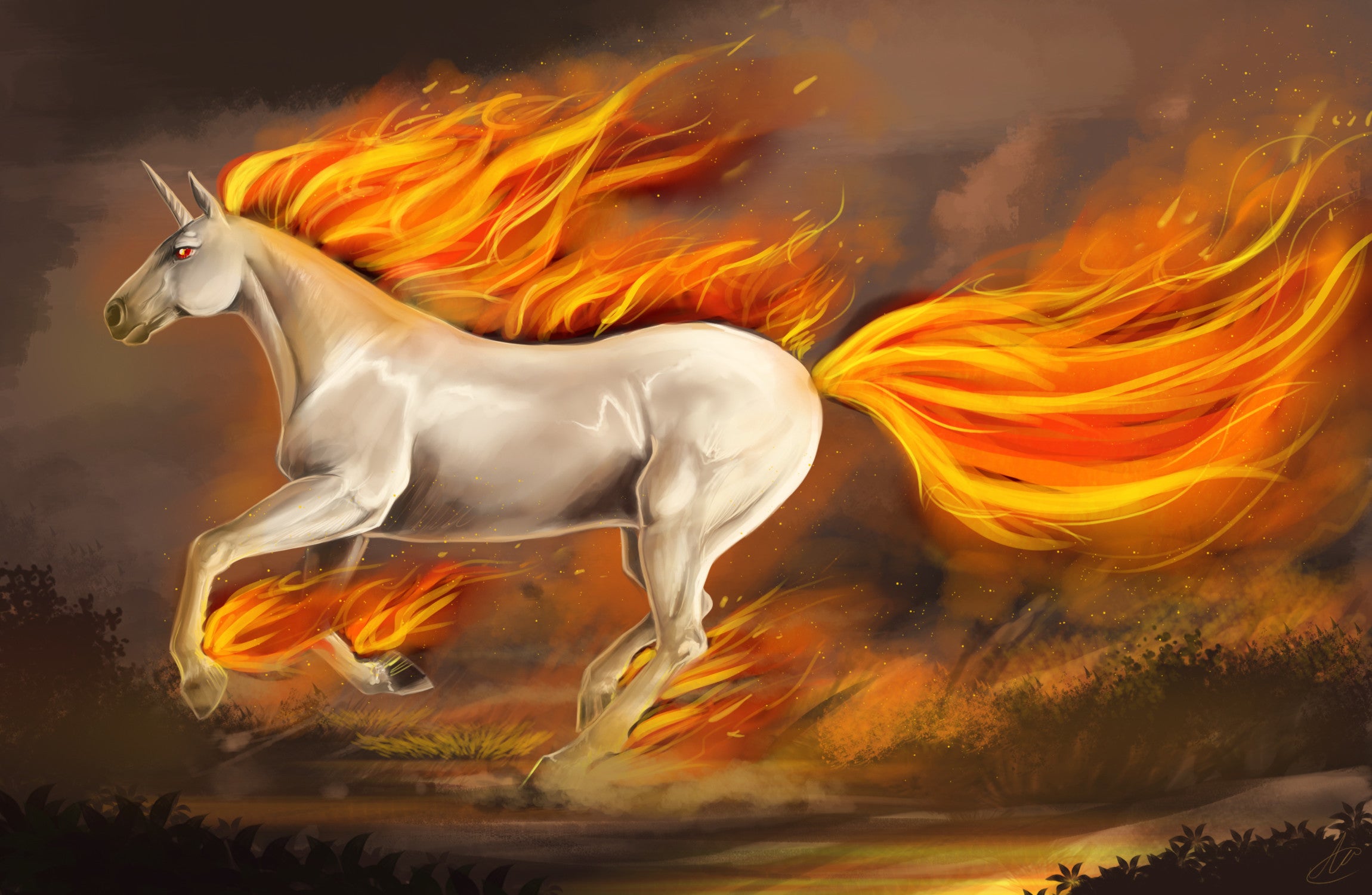 fond d ecran avec une licorne en feu