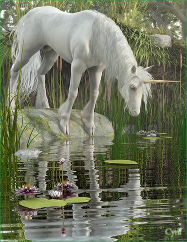 licorne réaliste au bord d'un étang