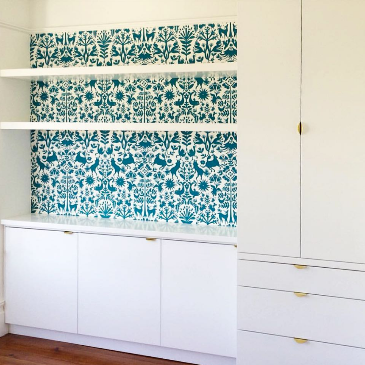 Wallpapered Shelves and Built-ins Roundup | Otomi (Turquoise)
