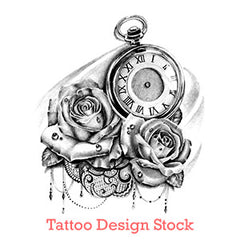 rose and clock with lace tattoo design
