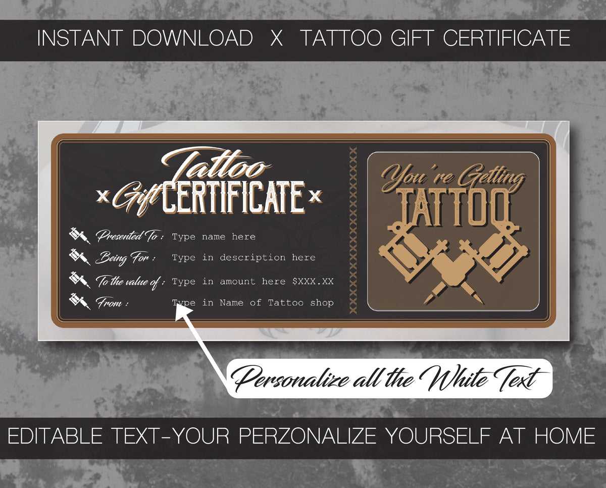 tattoo gift certificate instant download designed for tattoo shop