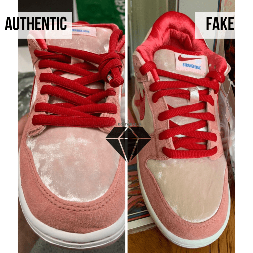 How to spot Fake Strangelove Skateboards x Nike SB Dunk Low: The laces area method