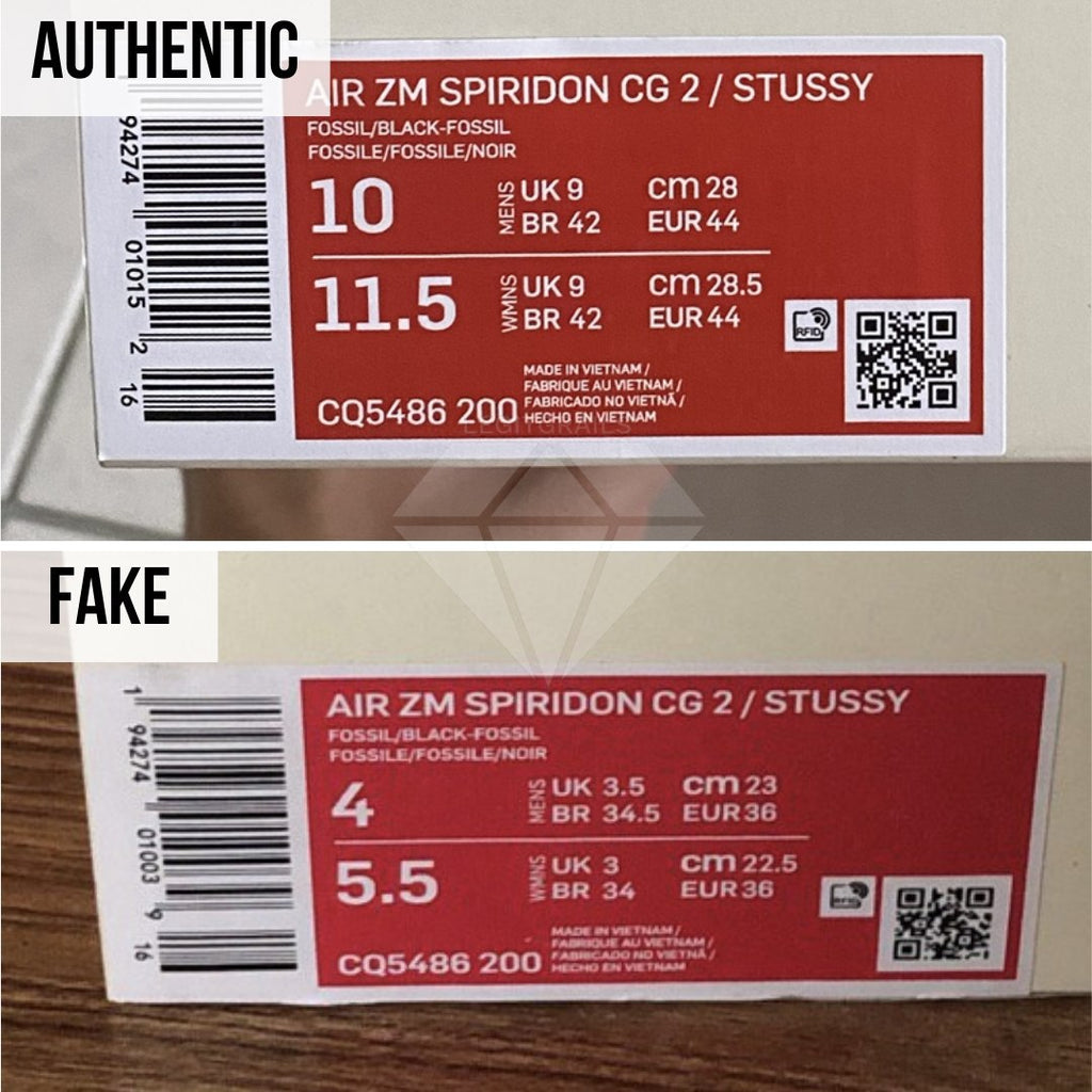 How To Spot Fake Nike Air Zoom Spiridon Cage 2 Stussy Fossil: The Shoe Box Label Method