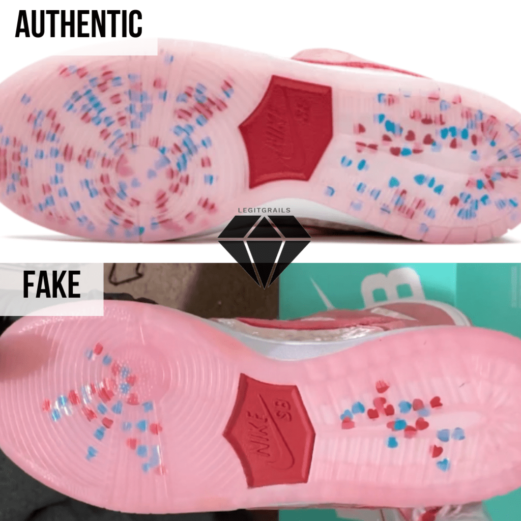 How to spot Fake Strangelove Skateboards x Nike SB Dunk Low: The Outsole Method